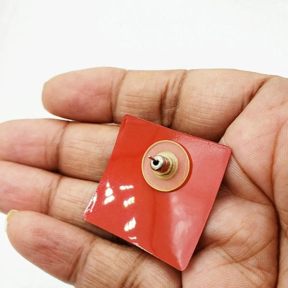 Vintage 70s Earrings • Abstract • Red Square • Pierced - Picture 4 of 4